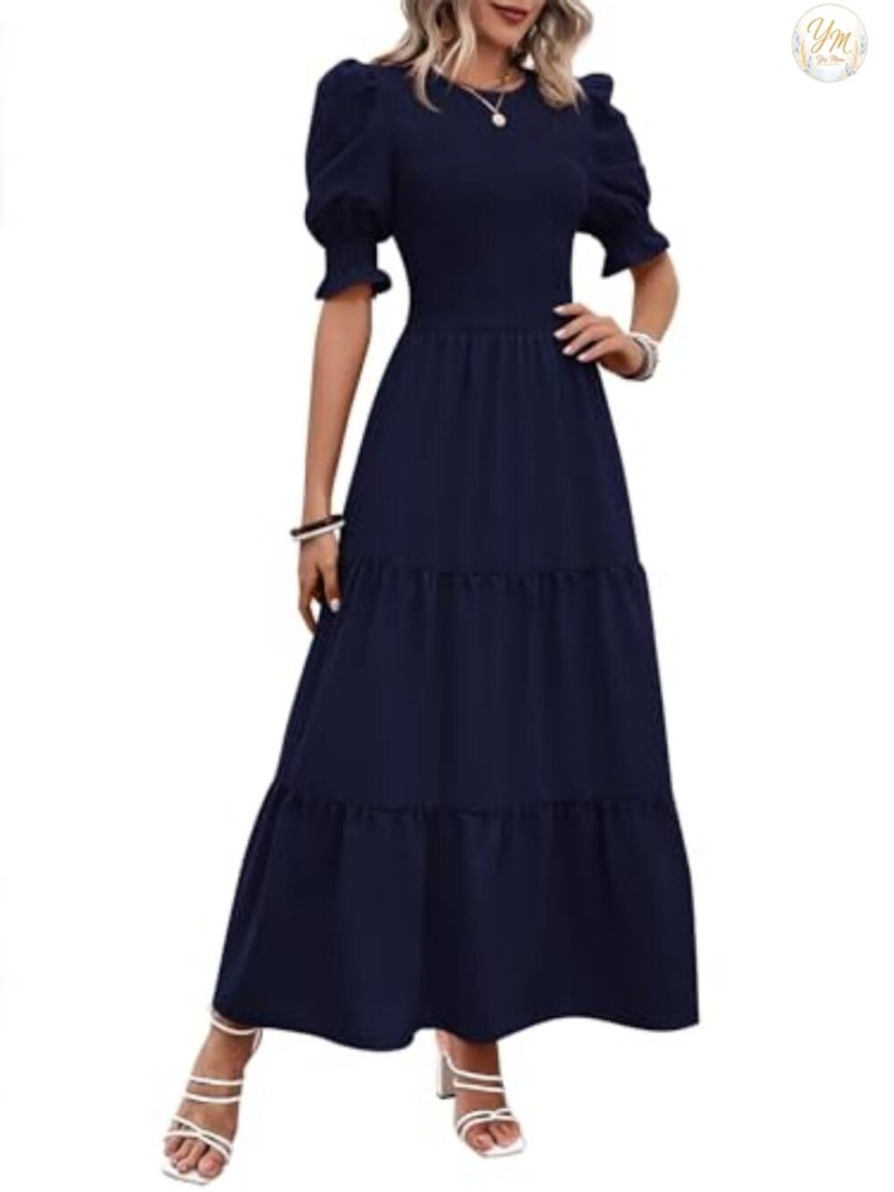 Smocked Boho Maxi Dress Puff Sleeve Tiered A-Line Ruffle Pockets